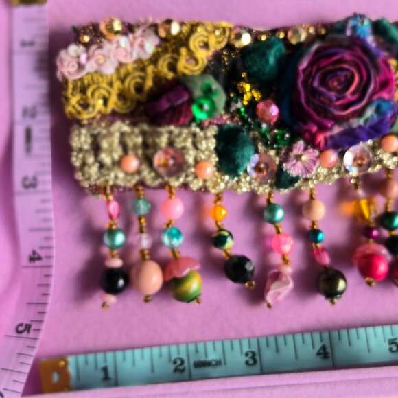 Gypsy Hand Embroidered Bracelet | Boho Tie-dye -Style Textile Cuff | Whimsical - Picture 9 of 11